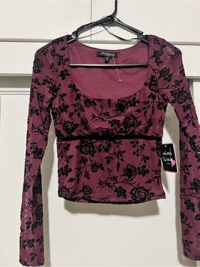 Mixed Threads Burgundy long sleeve Floral Lace Blouse Casual Office Small